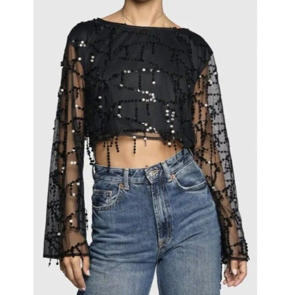 Sexy NWT Sheer Mesh Sequin See Through Long Sleeve‎ Clubwear Whimsigoth Top S